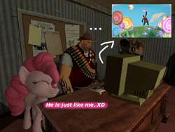 Size: 1024x768 | Tagged: safe, artist:oudieth, pinkie pie, earth pony, human, pony, g4, ..., 3d, computer, crossover, crt, eyes closed, female, gmod, grin, heavy weapons guy, human male, male, mare, pyro (tf2), smiling, tattoo, team fortress 2