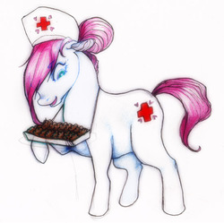 Size: 550x548 | Tagged: safe, artist:muura, nurse redheart, earth pony, pony, g4, female, floppy ears, gingerbread (food), mare, raised hoof, solo, tray