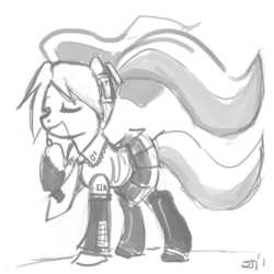 Size: 600x599 | Tagged: safe, artist:johnjoseco, oc, oc:miku, earth pony, pony, clothes, eyes closed, female, grayscale, hatsune miku, hilarious in hindsight, mare, monochrome, ponified, skirt, solo, vocaloid