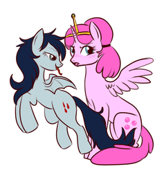 Size: 555x577 | Tagged: safe, artist:lulubell, alicorn, bat pony, pony, adventure time, bubbline, female, lesbian, male, marceline, mare, ponified, princess bubblegum, shipping, simple background, white background