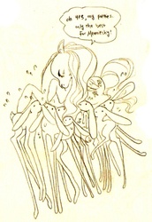 Size: 482x700 | Tagged: safe, artist:muura, fluttershy, girabbit, pegasus, pony, rabbit, g4, chaos, discorded, female, flutterbitch, mare, monochrome, solo, speech bubble, traditional art