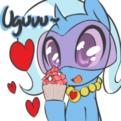 Size: 500x500 | Tagged: safe, artist:florecentmoo, trixie, unicorn, semi-anthro, g4, chibi, cupcake, cute, female, food, glasses, heart, mare, necklace, solo, uguu