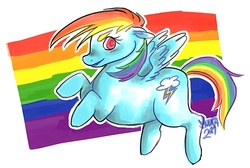 Size: 500x335 | Tagged: safe, artist:muura, rainbow dash, pegasus, pony, g4, female, flag, flying, gay pride, gay pride flag, lgbt, mare, pride, pride flag, solo