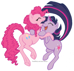 Size: 945x908 | Tagged: safe, artist:riftryu, pinkie pie, twilight sparkle, earth pony, pony, unicorn, g4, balloonbutt, butt, dancing, duo, eyes closed, female, happy, hug, lesbian, mare, open mouth, plot, raised tail, ship:twinkie, shipping, simple background, smiling, transparent background