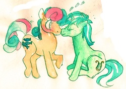 Size: 600x425 | Tagged: safe, artist:muura, bon bon, lyra heartstrings, sweetie drops, earth pony, pony, unicorn, g4, blushing, boop, female, lesbian, mare, noseboop, ship:lyrabon, shipping, traditional art, watercolor painting