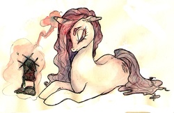 Size: 700x453 | Tagged: safe, artist:muura, rarity, pony, unicorn, g4, craft, female, floppy ears, knitting, magic, mare, prone, solo, thick eyebrows, traditional art, watercolor painting