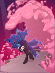 Size: 750x1000 | Tagged: safe, artist:arctic-sekai, princess luna, the smooze, oc, alicorn, pony, unicorn, g1, g4, female, glasses, horn, male, mare, ponies riding ponies, riding, running, stallion, unicorn oc