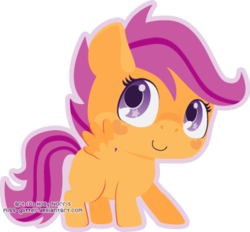 Size: 353x328 | Tagged: safe, artist:miss-glitter, scootaloo, pegasus, pony, g4, blank flank, chibi, cute, cutealoo, female, filly, foal, hooves, outline, simple background, smiling, solo, spread wings, transparent background, wings