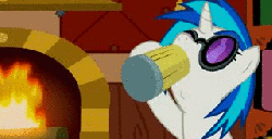 Size: 320x165 | Tagged: safe, artist:nomorethan9, dj pon-3, vinyl scratch, pony, unicorn, epic wub time, g4, animated, cider, drinking, female, fireplace, gif, mare, reaction image, solo, wat