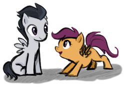 Size: 563x392 | Tagged: safe, artist:angeban, rumble, scootaloo, pegasus, pony, g4, colt, female, filly, looking at each other, male, ship:rumbloo, shipping, sitting, smiling, straight