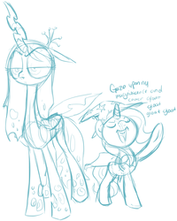 Size: 740x926 | Tagged: safe, artist:php27, queen chrysalis, trixie, changeling, changeling queen, pony, unicorn, g4, cape, clothes, duo, duo female, female, hat, lidded eyes, mare, monochrome, raised hoof, sketch, trixie's cape, trixie's hat