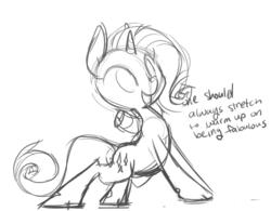 Size: 706x550 | Tagged: safe, artist:php27, rarity, classical unicorn, pony, unicorn, g4, backbend, cloven hooves, female, horn, mare, monochrome, sketch, solo, stretching