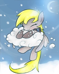 Size: 500x626 | Tagged: safe, artist:sunnybunnyi, derpy hooves, pegasus, pony, g4, clothes, cloud, cute, derpabetes, eyes closed, female, mare, moon, scarf, sky, socks, solo