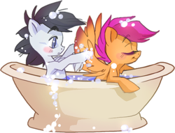 Size: 500x381 | Tagged: safe, artist:thegamercolt, scootaloo, oc, oc:thegamercolt, pegasus, pony, g4, bath, bathing, bathtub, blushing, canon x oc, colt, eyes closed, female, filly, male, sharing a bath, shipping, simple background, spread wings, straight, transparent background, wings