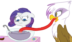 Size: 1309x769 | Tagged: safe, artist:elslowmo, artist:php27, gilda, rarity, griffon, pony, unicorn, g4, bowl, candy, drink, duo, female, floppy ears, impossibly long tongue, mare, punch bowl, simple background, tongue out, wat, white background