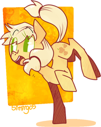 Size: 542x685 | Tagged: safe, artist:simirgos, applejack, earth pony, pony, g4, abstract background, female, happy, mare, no pupils, prancing, smiling, solo