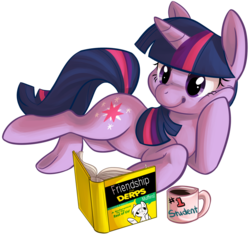 Size: 900x846 | Tagged: safe, artist:php27, derpy hooves, twilight sparkle, pony, unicorn, g4, book, coffee, cup, drink, female, for dummies, lying, mare, mug, on side, reading, simple background, smiling, solo, transparent background, underhoof