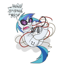 Size: 1000x833 | Tagged: safe, artist:klondike, dj pon-3, vinyl scratch, pony, unicorn, g4, annoyed, butt, censored vulgarity, female, grawlixes, legs in air, mare, on back, open mouth, plot, simple background, solo, speech bubble, swearing, tangled up, white background, wires