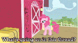 Size: 360x203 | Tagged: safe, edit, edited screencap, screencap, applejack, gummy, pinkie pie, earth pony, pony, g4, party of one, animated, caption, cowboy hat, dialogue, female, frown, hat, mare, meta, neogaf, reaction image, smiling, stetson
