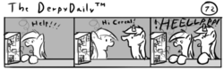 Size: 802x253 | Tagged: safe, artist:tetrapony, derpy hooves, oc, oc:cereal velocity, pegasus, pony, unicorn, comic:the daily derp, g4, comic, computer, duo, female, male, mare, monochrome, stallion, the derpydaily(tm), yelling