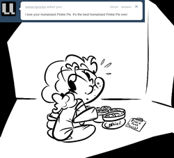 Size: 770x700 | Tagged: dead source, safe, artist:tess, pinkie pie, human, g4, caught, cookie, crumbs, eating, female, humanized, looking back, monochrome, sitting, solo