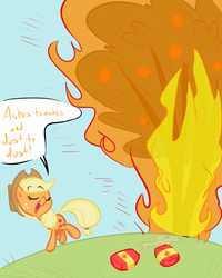 Size: 880x1100 | Tagged: safe, artist:elslowmo, artist:tess, applejack, earth pony, pony, g4, burning, female, fire, orange, solo, tree