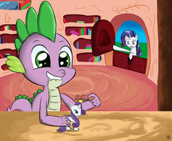 Size: 1100x900 | Tagged: safe, artist:ohthatandy, rarity, spike, dragon, pony, unicorn, g4, brushie, female, golden oaks library, male, mare, ship:sparity, shipping, straight, toy