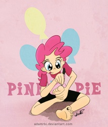 Size: 900x1050 | Tagged: dead source, safe, artist:adamrbi, pinkie pie, human, g4, barefoot, body writing, drawing on feet, drawing on toes, feet, feet writing, foot focus, humanized, toes