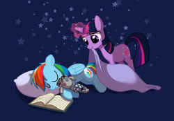 Size: 900x629 | Tagged: safe, artist:naroclie, rainbow dash, smarty pants, twilight sparkle, pegasus, pony, unicorn, g4, blue background, book, cute, dark blue background, eyes closed, female, folded wings, horn, lesbian, mare, open book, pillow, plushie, ship:twidash, shipping, simple background, sleeping, starry background, sweet dreams fuel, three toned mane, wings