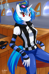 Size: 852x1280 | Tagged: safe, artist:skykain, dj pon-3, vinyl scratch, unicorn, anthro, g4, clothes, detached sleeves, female, headphones, looking at you, mare, pants, red eyes, shirt, solo