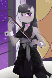 Size: 849x1280 | Tagged: safe, artist:skykain, octavia melody, earth pony, anthro, g4, blushing, bow (instrument), bowtie, clothes, dress, female, mare, solo