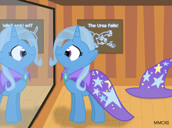 Size: 1182x880 | Tagged: safe, artist:mostlyponyart, trixie, pony, unicorn, g4, brooch, female, hat, jewelry, mare, mirror, solo, trixie's brooch, trixie's cape, trixie's hat