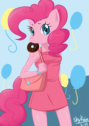 Size: 849x1200 | Tagged: safe, artist:skykain, pinkie pie, earth pony, anthro, g4, balloon, bracelet, clothes, cute, diapinkes, donut, dress, ear fluff, female, jewelry, mare, mouth hold, purse, solo