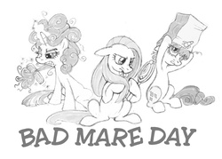 Size: 1200x859 | Tagged: safe, artist:toonicorn, pinkie pie, rarity, twilight sparkle, earth pony, pony, unicorn, g4, alternate hairstyle, bad hair day, bag, comb, female, mare, messy mane, mirror, monochrome, trio, unicorn twilight