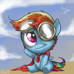 Size: 1000x1000 | Tagged: safe, artist:aphexangel, rainbow dash, pony, g4, cape, clothes, female, filly, filly rainbow dash, foal, goggles, solo, younger