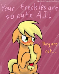 Size: 600x762 | Tagged: dead source, safe, artist:equinox23, applejack, earth pony, pony, g4, abstract background, blushing, cute, female, freckles, i'm not cute, implied pinkie pie, jackabetes, mare, sitting, solo, tsundere, tsunjack