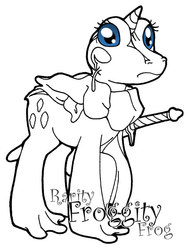 Size: 463x613 | Tagged: safe, artist:inkwell, rarity, frog, hybrid, original species, pony, unicorn, g4, chrono trigger, crossover, female, frogony, horn, partial color, ribbity, simple background, solo, sword, text, white background