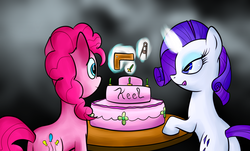 Size: 1280x774 | Tagged: safe, artist:n1de, pinkie pie, rarity, g4, cake