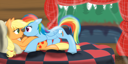 Size: 1280x640 | Tagged: safe, artist:calicopikachu, applejack, rainbow dash, g4, bed, crepuscular rays, curtains, female, forest background, lesbian, mare, pillow, ship:appledash, shipping, window