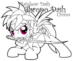 Size: 649x540 | Tagged: safe, artist:inkwell, rainbow dash, pegasus, pony, g4, chrono trigger, crono, crossover, female, mare, mouth hold, simple background, solo, sword, text, white background