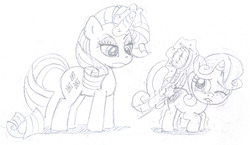 Size: 1001x581 | Tagged: artist needed, safe, rarity, sweetie belle, pony, unicorn, g4, abuse, crying, female, filly, foal, lip bite, mare, monochrome, punishment, sketch, spanking, sweetiebuse