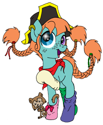 Size: 990x1203 | Tagged: safe, artist:inkwell, earth pony, monkey, pony, clothes, crossover, female, freckles, heterochromia, mare, pigtails, pippi longstocking, ponified, simple background, socks, solo, transparent background