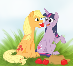 Size: 675x615 | Tagged: safe, artist:cartoonlion, applejack, twilight sparkle, g4, apple, blushing, cute, female, grass, happy, lesbian, mare, mouth hold, open mouth, raised hoof, sharing, ship:twijack, shipping, sitting, smiling