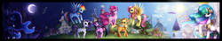 Size: 4500x850 | Tagged: safe, artist:felynea, apple bloom, applejack, bon bon, carrot top, cheerilee, derpy hooves, dinky hooves, dj pon-3, doctor whooves, fire streak, fluttershy, golden harvest, lyra heartstrings, mayor mare, minuette, octavia melody, photo finish, pinkie pie, princess celestia, princess luna, rainbow dash, rarity, scootaloo, soarin', spitfire, sweetie belle, sweetie drops, time turner, trixie, twilight sparkle, vinyl scratch, earth pony, pegasus, pony, unicorn, g4, carousel boutique, cutie mark crusaders, day night cycle, day night shift, element of generosity, element of honesty, element of kindness, element of laughter, element of loyalty, element of magic, elements of harmony, golden oaks library, mane six, moon, panorama, ponyville, sun, town hall, unicorn twilight, wall of tags, wonderbolts