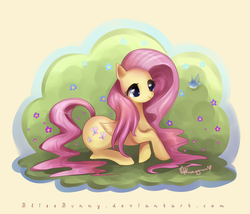 Size: 800x684 | Tagged: dead source, safe, artist:felynea, fluttershy, bird, pegasus, pony, g4, female, flower, folded wings, lying, mare, prone, signature, simple background, smiling, solo, url, watermark, wings, yellow background