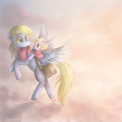 Size: 1000x1000 | Tagged: dead source, safe, artist:felynea, derpy hooves, dinky hooves, pegasus, pony, g4, bag, clothes, dinky riding derpy, duo, equestria's best mother, female, flying, mare, mother and daughter, ponies riding ponies, riding, scarf