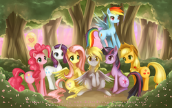 Size: 1200x758 | Tagged: dead source, safe, artist:felynea, applejack, derpy hooves, fluttershy, pinkie pie, rainbow dash, rarity, twilight sparkle, pegasus, pony, g4, balloon, female, heart, mane six, mare, tree