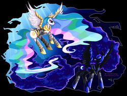 Size: 1800x1364 | Tagged: dead source, safe, artist:felynea, nightmare moon, princess celestia, alicorn, pony, g4, armor, armored pony, female, mare, nightmare moon armor, nightmare moon's cutie mark, pixel art, warrior celestia