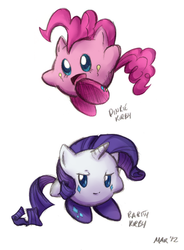 Size: 642x874 | Tagged: safe, artist:maraphy, artist:marraphy, pinkie pie, rarity, puffball, g4, crossover, duo, kirby, kirby (series), kirby pie, kirby rarity, kirbyfied, species swap