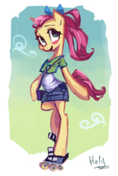 Size: 2442x3650 | Tagged: safe, artist:holivi, fluttershy, pegasus, semi-anthro, g4, arm hooves, bow, clothes, female, high res, looking at you, mare, roller skates, skirt, solo, wingless, wingless anthro